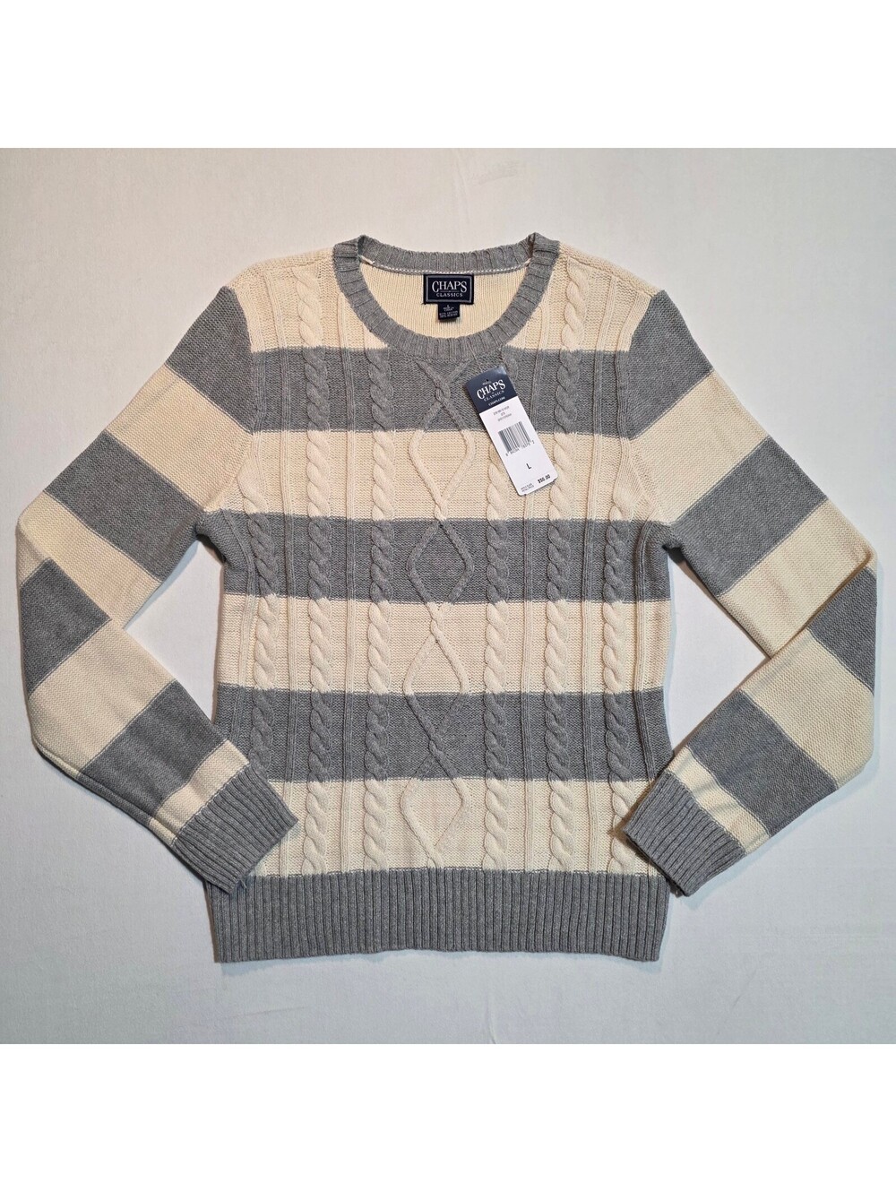 NWT Chaps Classics Striped Cable Knit Crewneck Sweater Grey Cream Women's Large - Picture 2 of 6